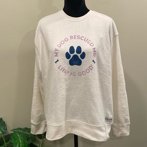 Life Is Good Cream Sweatshirt with Blue and Purple Print